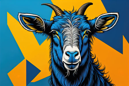 Head of a goat with big horns. ai generativeの素材