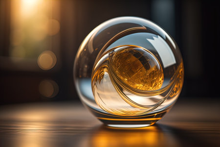 Transparent crystal ball on a wooden table. ai generativeの素材