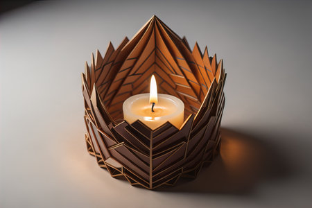 Burning aroma candle on wooden table against solid color background, copyspace. ai generativeの素材