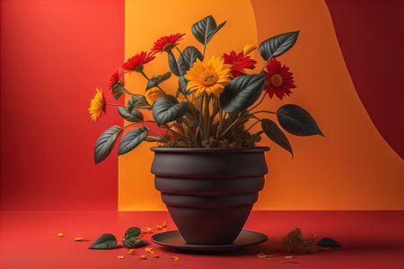 Flowers in a pot on a solid color background. ai generativeの素材