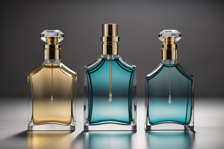 Creative and brandless Perfume bottle and flower on the wooden table, closeup. ai generativeの素材