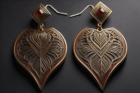 Earrings made of gold on a solid color background close up. ai generativeの素材