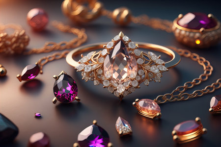 Wedding ring with diamonds on a solid color background. Jewelry. ai generativeの素材