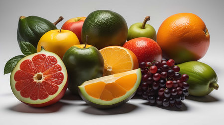 Fruits and vegetables on a white background. Close-up. generative aiの素材