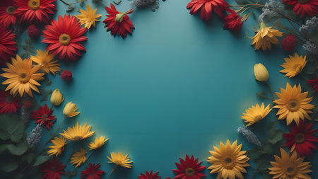 Flowers composition on blue background. Flat lay, top view, copy space. generative aiの素材