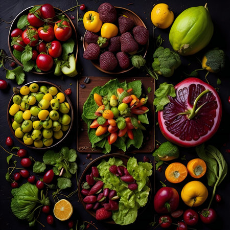 Fresh fruits and vegetables on black background. Healthy food concept. Top view. generative aiの素材