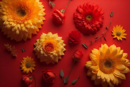Flowers composition. Colorful gerbera flowers on red background. Flat lay, top view, copy space. generative aiの素材