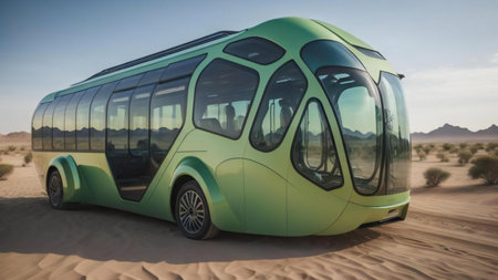 Green bus in the desert on a sunny day. generative aiの素材