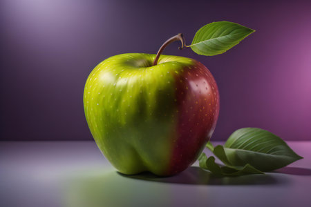 Green apple with leaves on a purple background, generative aiの素材