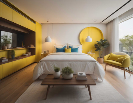 Interior of a modern bedroom with yellow and white walls, wooden floor, comfortable king size bed and yellow armchair. generative aiの素材