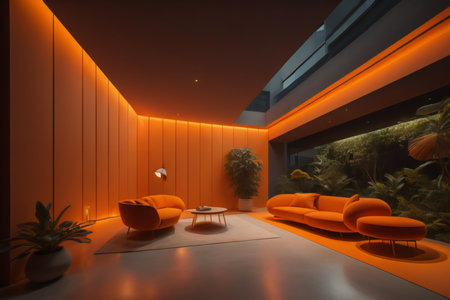 Interior of a modern living room with orange walls. ai generatedの素材