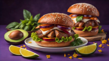Hamburgers with fresh vegetables and cheese on a purple background. generative aiの素材