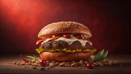 Hamburger on a wooden table with red light in the background. generative aiの素材