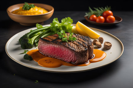 Grilled Tenderloin Steak with Vegetables on Black Background. generative aiの素材