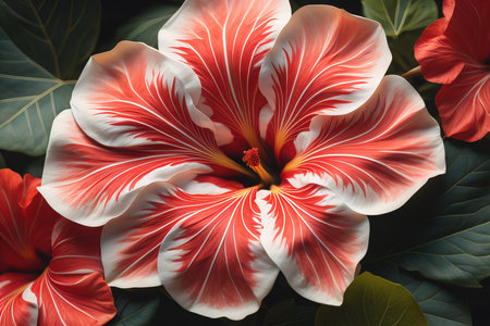 Hibiscus flower with red and white petals and green leaves. generative aiの素材