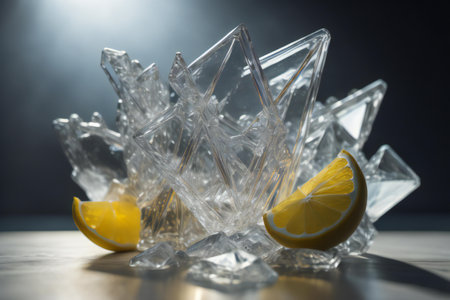 Ice cubes with lemon slices on a wooden table. Selective focus. ai generatedの素材