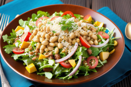 Healthy salad with chickpeas, tomatoes, lettuce and pine nuts. generative aiの素材