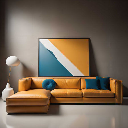 Interior of modern living room with brown sofa and orange wall. generative aiの素材