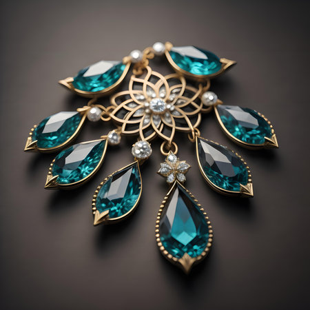 Jewelry brooch with emeralds on a black background. generative aiの素材