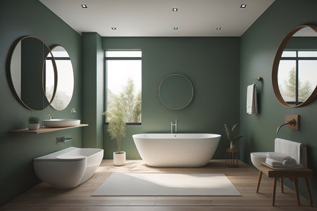 Interior of modern bathroom with green walls, wooden floor, white bathtub and round mirror. generative aiの素材
