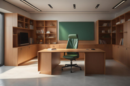 Interior of modern office with brown walls, concrete floor, computer table and bookcase. ai generatedの素材