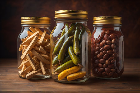 Jars with pickled cucumbers and beans on a wooden table. generative aiの素材