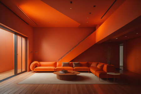 Interior of modern living room with orange walls, wooden floor and orange sofa. ai generatedの素材