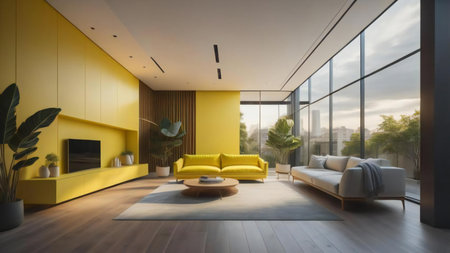 Interior of modern living room with yellow walls, wooden floor, yellow sofa and coffee table. generative aiの素材