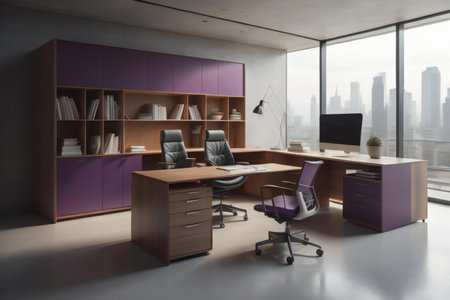 Interior of modern office with wooden walls, concrete floor, purple computer tables and bookcases. ai generatedの素材