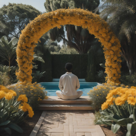Man meditating in lotus position in the garden with flower arch. generative aiの素材