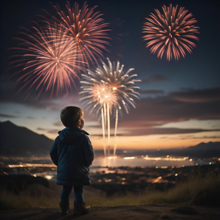 Little boy watching fireworks in the night sky, silhouette of a child. generative aiの素材