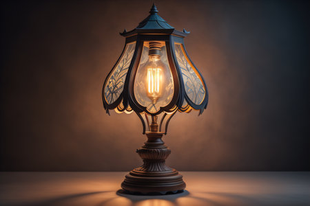 Lantern on a wooden table on a dark background. Vintage lamp. generative aiの素材