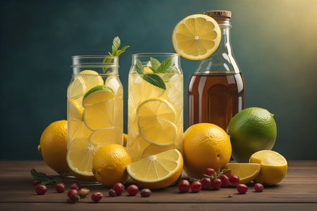 Lemonade with lemon and cranberry on a wooden table. generative aiの素材