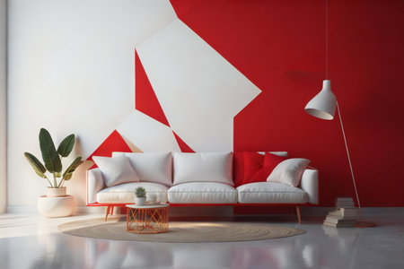 Living room interior with red wall, white sofa and coffee table. generative aiの素材