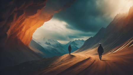 Man walking on the road in mountains. generative aiの素材