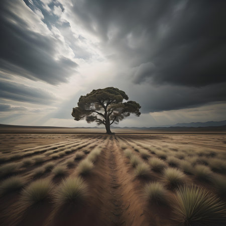 Lonely tree in the desert. Dramatic sky background. generative aiの素材