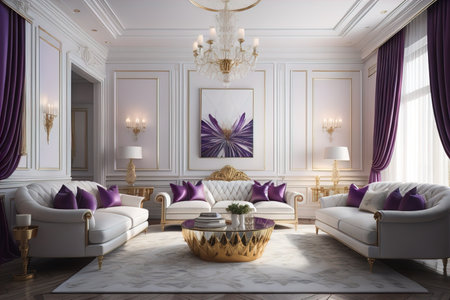Luxury living room interior with white walls, parquet floor, luxurious sofa and armchairs. generative aiの素材