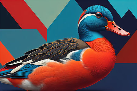 Mallard duck on colorful geometric background. generative aiの素材