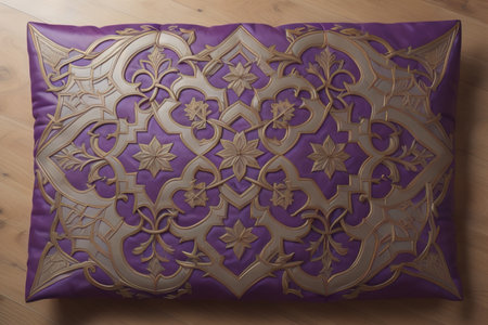 Luxury pillow with gold ornament on wooden floor. Close up. generative aiの素材