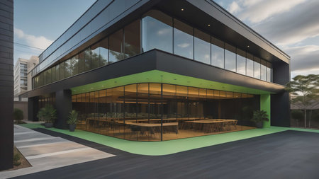 modern office building exterior design with green glass wall. generative aiの素材