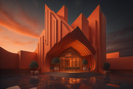 modern building in the desert with orange sky background. generative aiの素材