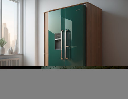 Modern kitchen interior with green refrigerator. generative aiの素材
