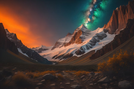 Mountain landscape with starry sky and aurora borealis. generative aiの素材