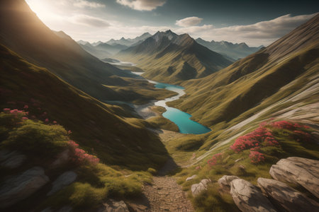 Mountain landscape with a lake in the foreground, generative aiの素材