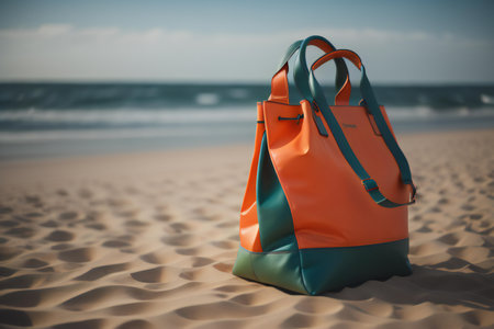Orange bag on the beach with sea and sky background. Travel concept. generative aiの素材