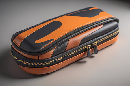 Orange briefcase on a gray background, close-up, selective focus. generative aiの素材