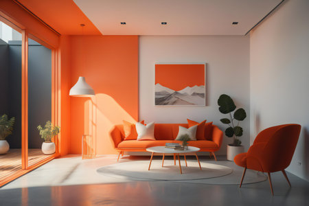 Orange living room interior with orange walls, concrete floor, orange sofa and round coffee table. generative aiの素材