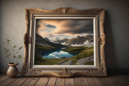 Picture frame in the interior with lake and mountains. generative aiの素材