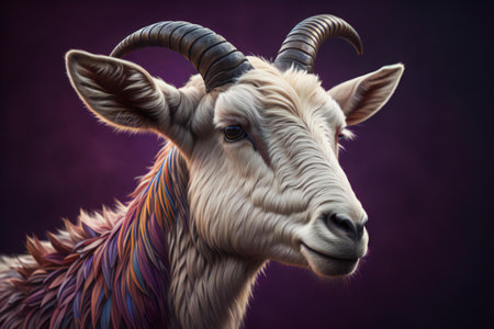Portrait of a goat with multicolored feathers on a purple background. generative aiの素材