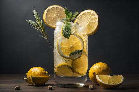 Refreshing lemonade with lemon and mint on a dark background. generative aiの素材
